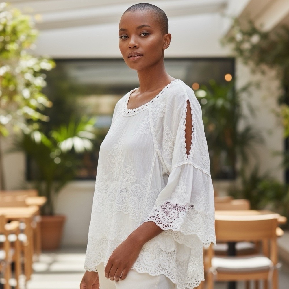 Women's Democracy Boho Embroidered Lace Trim Bell Sleeve Cottagecore White Top M